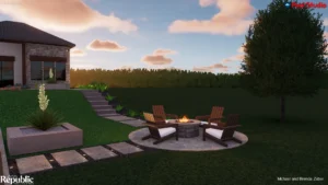 A cozy outdoor space featuring a stone fire pit surrounded by wooden chairs, a lush lawn, and a modern home at sunset