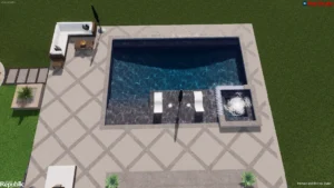 An aerial view of a modern backyard featuring a pool with lounge chairs, a bubbling spa, and stylish outdoor seating areas