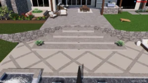 A landscaped backyard with stone steps leading up to a patio, surrounded by greenery and a grill area, showcasing modern outdoor living